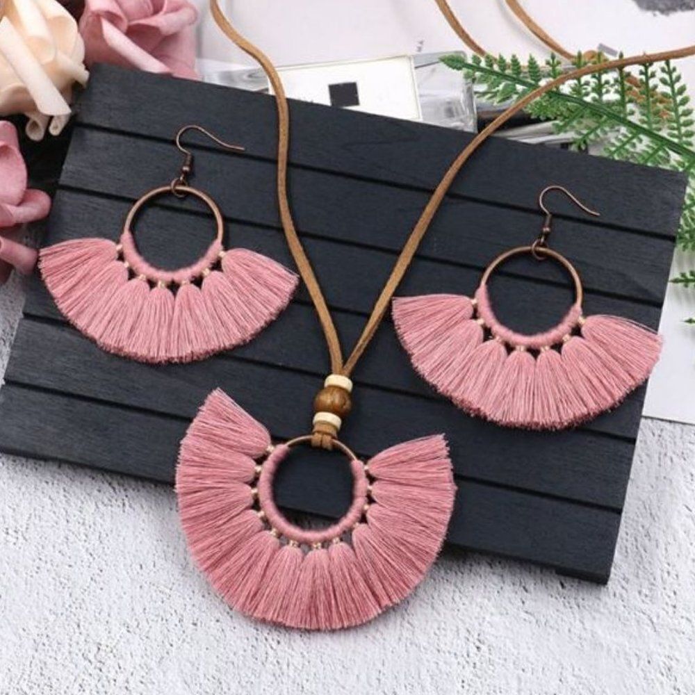 Boho Tassel Necklace & Earrings Set Fan Fringe Statement Festival Jewelry - Picture 6 of 6
